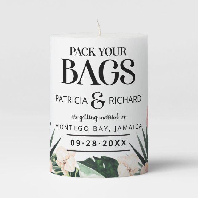 Tropical Destination Wedding Save The Date Pillar Candle (Front)
