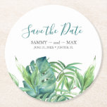 Tropical Destination Wedding Save the Date Round Paper Coaster<br><div class="desc">Set the tone for your tropical boho wedding with these stylish save the date coasters, featuring script calligraphy that mimics elegant hand lettering. This modern design showcases a replica of my original watercolor artwork, featuring lush green palm leaves and monstera leaves, perfect for a unique destination wedding stationery option. Personalize...</div>