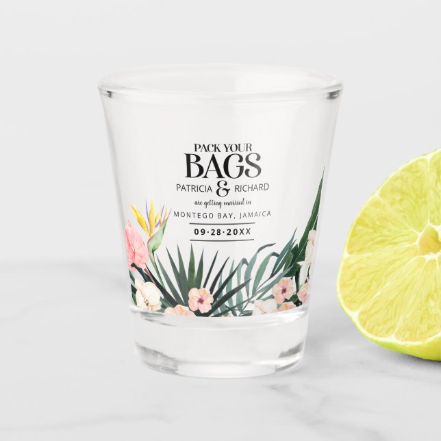 Tropical Destination Wedding Save The Date Shot Glass (Front)