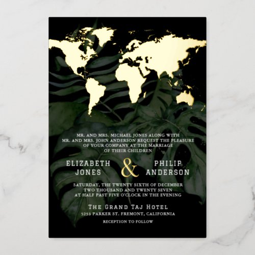 Tropical Destination World Map All in One Wedding Foil Invitation