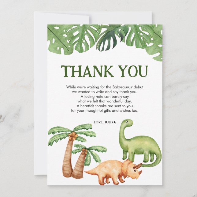Tropical Dinosaur Boy Baby Shower Thank You Card (Front)