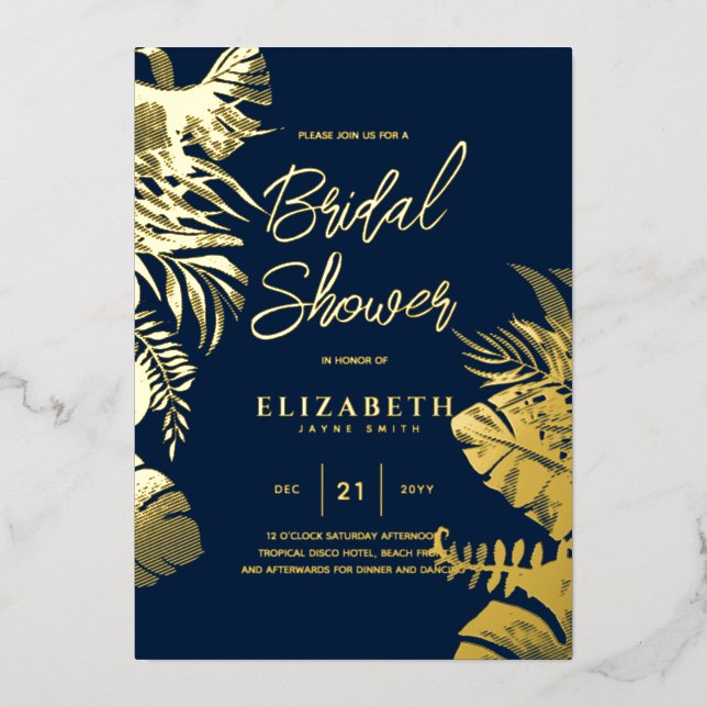Tropical Disco BRIDAL SHOWER Gold Bling Leaves Foil Invitation (Front)