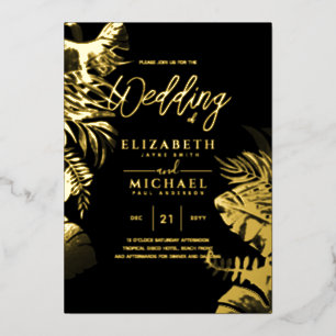 Tropical Disco Wedding Invitation Gold Black Foil