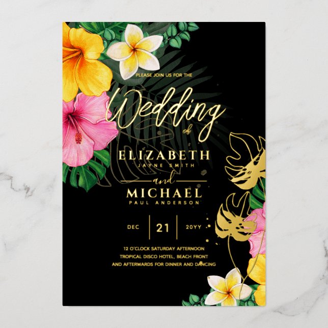 Tropical Disco Wedding Invitation Gold Black  Foil Invitation (Front)