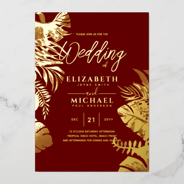 Tropical Disco Wedding Invitation Gold Burgundy Fo Foil Invitation Zazzle