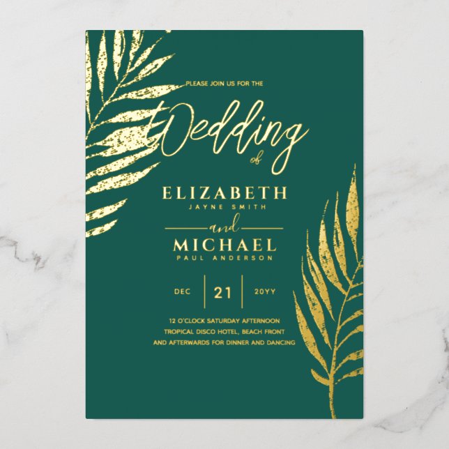 Tropical Disco Wedding Invitation Gold Teal Green Foil Invitation (Front)