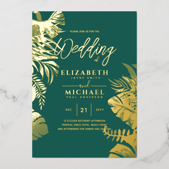 Tropical Disco Wedding Invitation Gold Teal Green  Foil Invitation (Front)