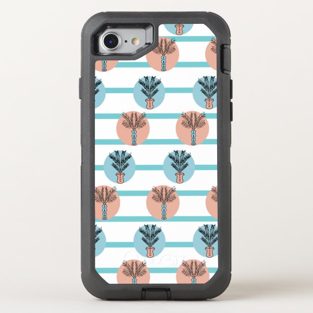 Tropical Doodle Palm Tree In Pots Striped Teal Otterbox iPhone Case (Back)