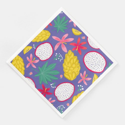 Tropical Dragonfruit and Flowers Colorful Paper Dinner Napkins