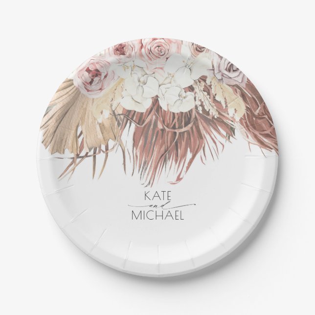 Tropical Dried Palm Leaf and White Orchid Wedding Paper Plates (Front)