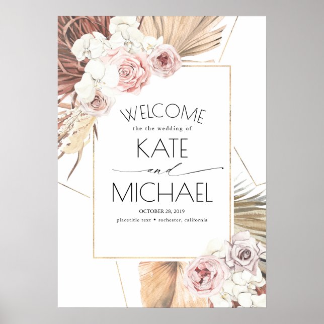 Tropical Dried Palm Leaf Boho Wedding Poster (Front)