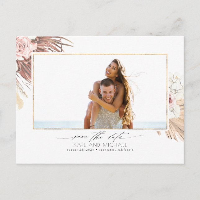 Tropical Dried Palm Leaf Save the Date Photo Announcement Postcard (Front)