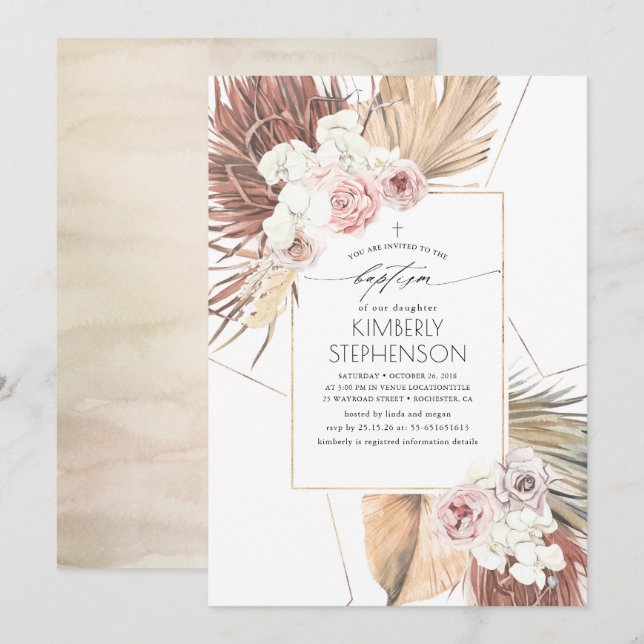 Tropical Dried Palm Leaves Foliage Baptism Invitation (Front/Back)