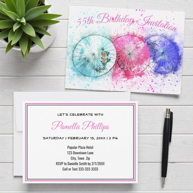 Tropical Drink Umbrellas 55th Birthday Invitation (colorful cocktail umbrellas template invitation)