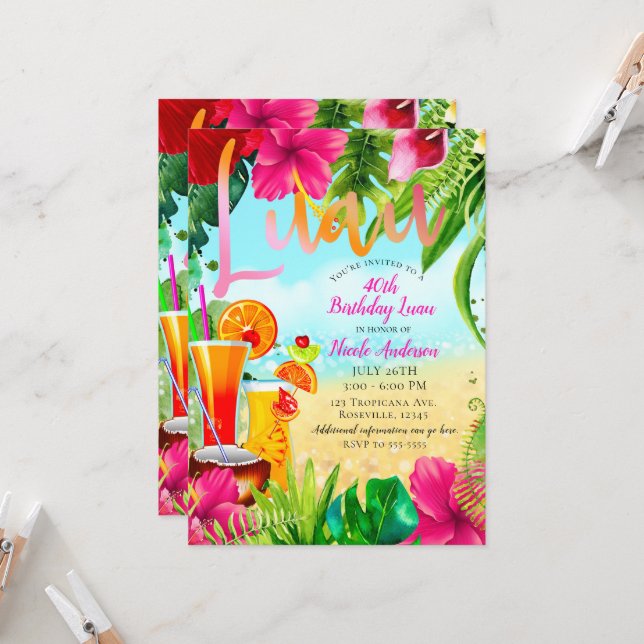 Tropical Drinks & Flowers Summer Birthday Party Invitation