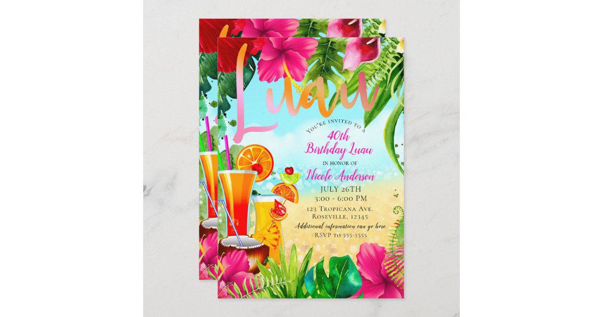 Tropical Drinks & Flowers Summer Birthday Party Invitation
