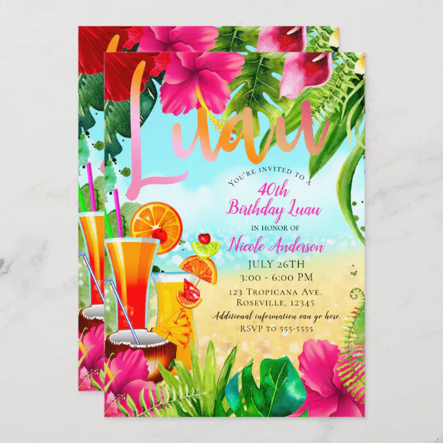 Tropical Drinks & Flowers Summer Birthday Party Invitation