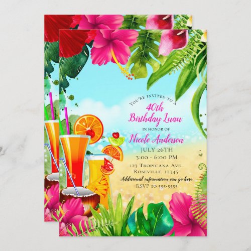 Tropical Drinks  Flowers Summer Birthday Party Invitation