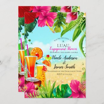 Tropical Drinks & Flowers Summer Luau Engagement Invitation by printabledigidesigns at Zazzle