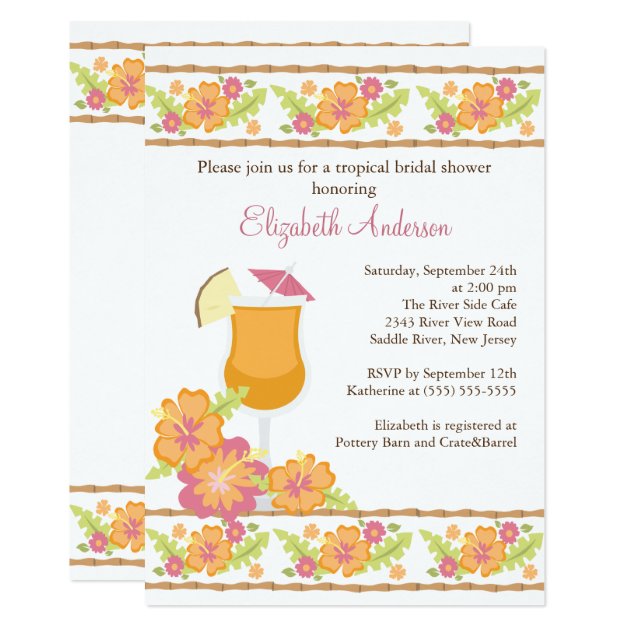 Tropical Drinks Hibiscus Flowers Bridal Shower Invitation