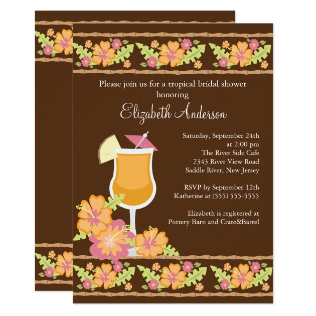 Tropical Drinks Hibiscus Flowers Bridal Shower Invitation