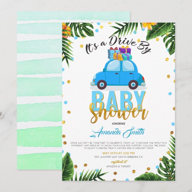 Tropical Drive By Baby Shower Boy Invitation (Front/Back)