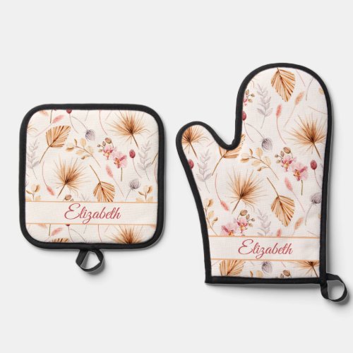 Tropical Dry Leaves and Orchids Custom Name Oven Mitt  Pot Holder Set