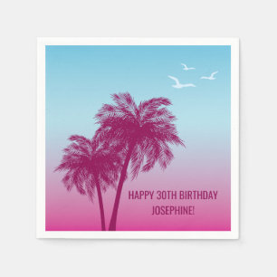 Tropical Dusk With Pink Palm Trees Happy Birthday Napkins