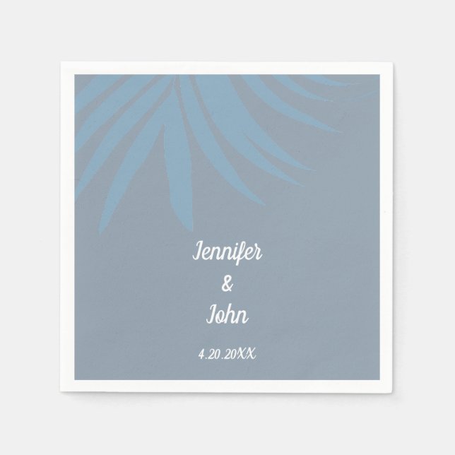 Tropical Dusty Blue Palm Leaf Beach Wedding Napkins (Front)