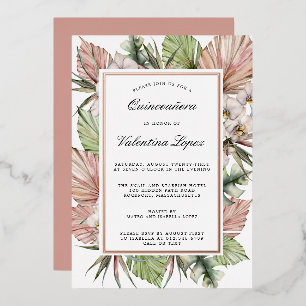 Tropical Dusty Pink White Floral Quinceanera Gold Foil Invitation