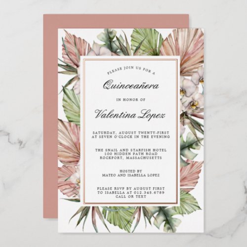 Tropical Dusty Pink White Floral Quinceanera Gold Foil Invitation
