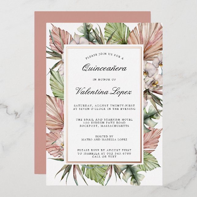 Tropical Dusty Pink White Floral Quinceanera Gold Foil Invitation (Front/Back)