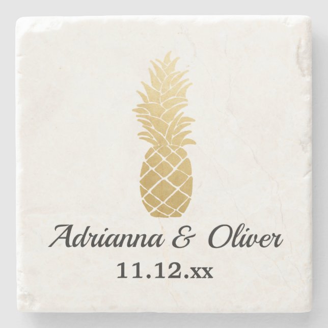 Tropical Elegance | Pineapple Wedding Stone Coaster (Front)