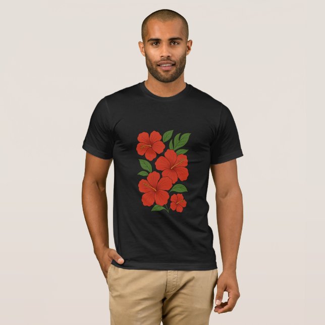 Tropical Elegance Red Hibiscus on Black T-Shirt (Front Full)