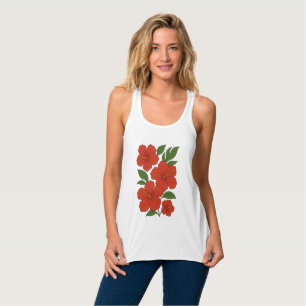 Tropical Elegance Red Hibiscus on Black Tank Top
