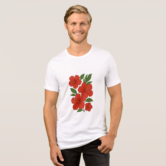 Tropical Elegance Red Hibiscus on Black Tri-Blend Shirt (Front Full)