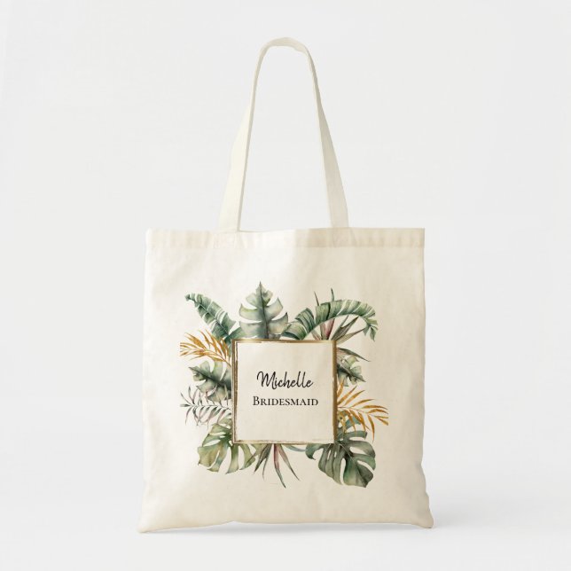 Tropical Elegant Green Gold Palms Bridesmaid favor Tote Bag (Front)