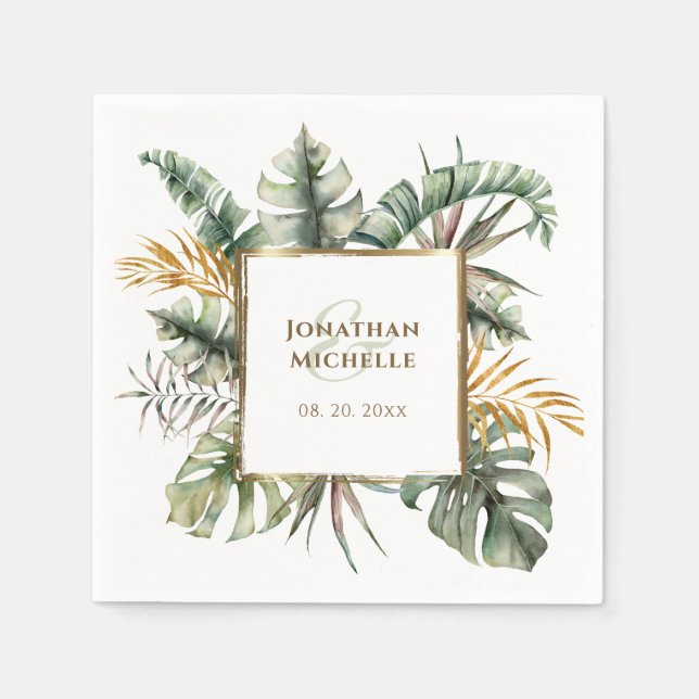 Tropical Elegant Green Palms Gold Frame Wedding Napkins (Front)