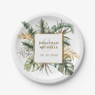 Tropical Elegant Green Palms Gold Frame Wedding Paper Plates