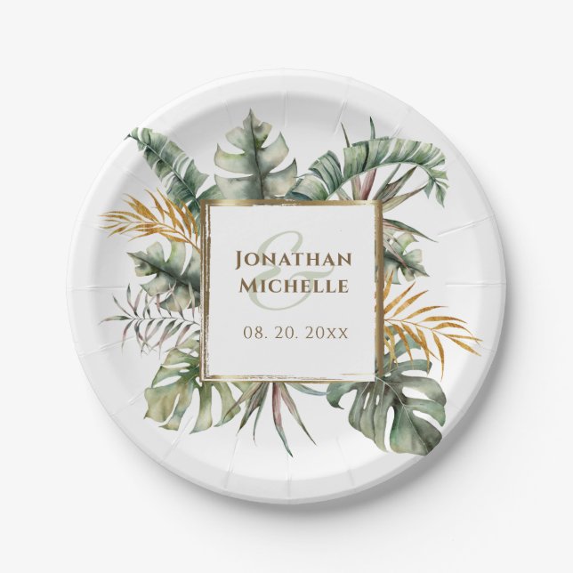 Tropical Elegant Green Palms Gold Frame Wedding Paper Plates (Front)