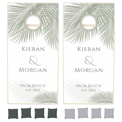 Tropical Elegant Palm Branch Wedding Couple Name  Cornhole Set