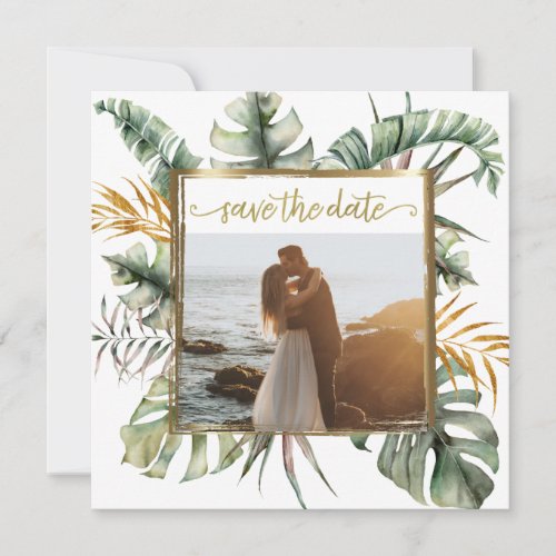 Tropical Elegant Palms Gold Frame Photo Save The Date