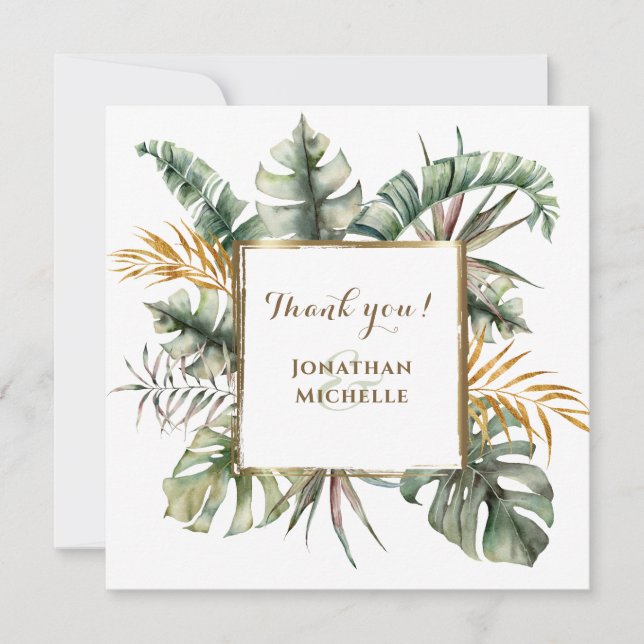 Tropical Elegant Watercolor Palms Thank You Card (Front)