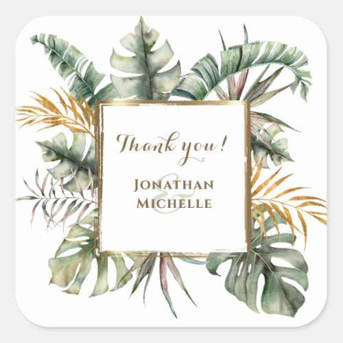 Tropical Elegant Watercolor Palms Thank You Square Sticker