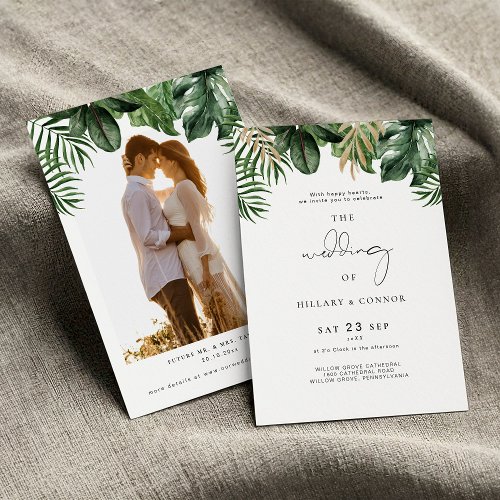 Tropical elegant wedding invitation with photo