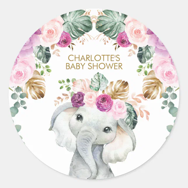 Tropical Elephant Baby Shower Wild One Birthday Classic Round Sticker ...
