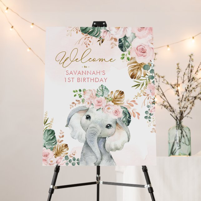 Tropical Elephant Blush Floral Wild One Birthday Foam Board (In Situ (Stand))