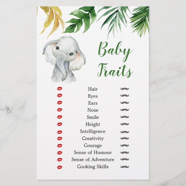 Tropical Elephant Boy Baby Shower Baby Traits Game (Front)