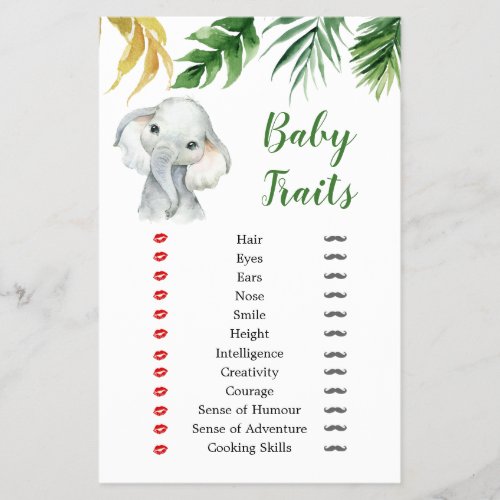 Tropical Elephant Boy Baby Shower Baby Traits Game