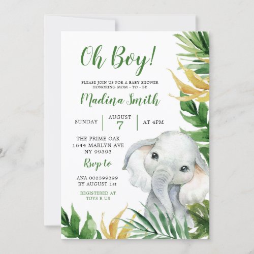 Tropical Elephant Boy Baby Shower Invitation